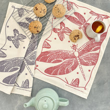 Load image into Gallery viewer, Tea Towel Cotton Butterflies and Dragonflies in Burgundy 16 in x 22 in