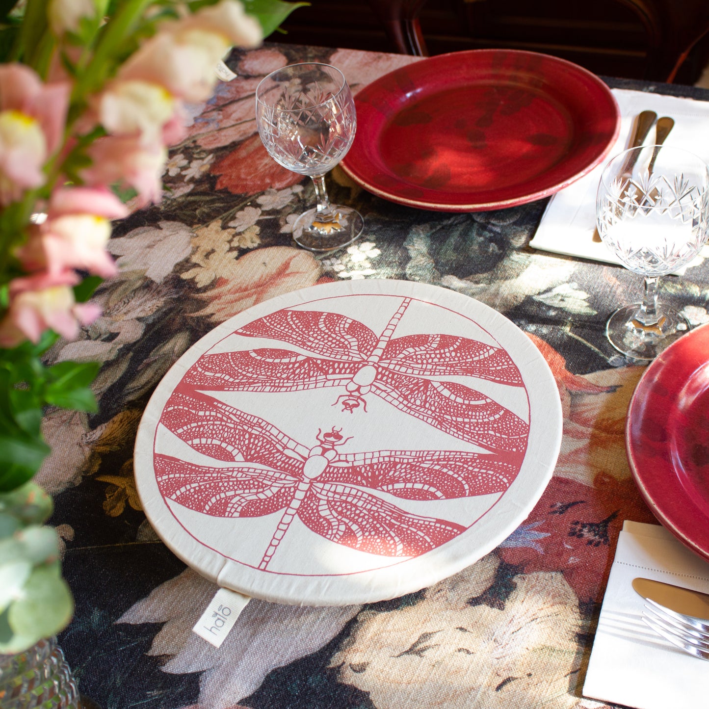 Large Reusable Dish Cover | Butterflies & Dragonflies | Roasted Red