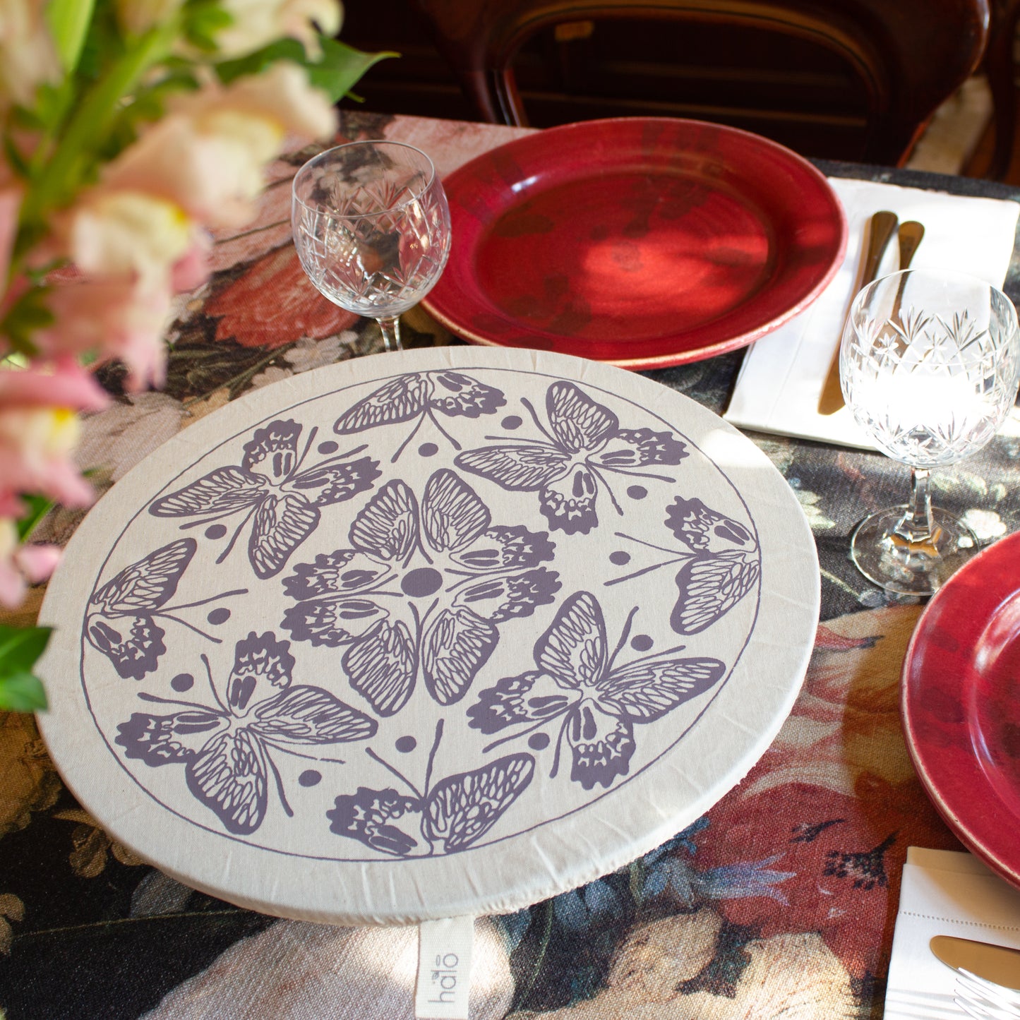 Extra Large Reusable Dish Cover | Butterflies & Dragonflies | Dark Eggplant