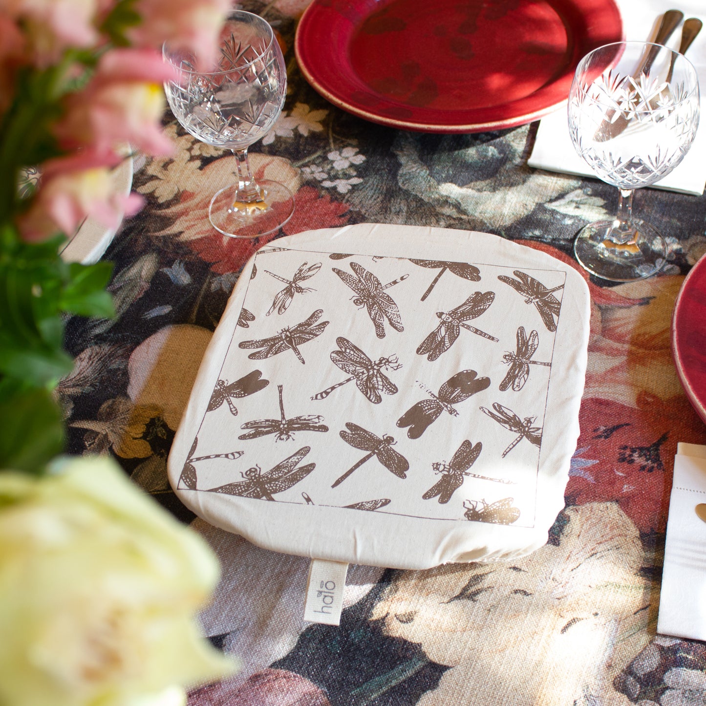 Square Reusable Dish Cover | Butterflies & Dragonflies | Black Coffee