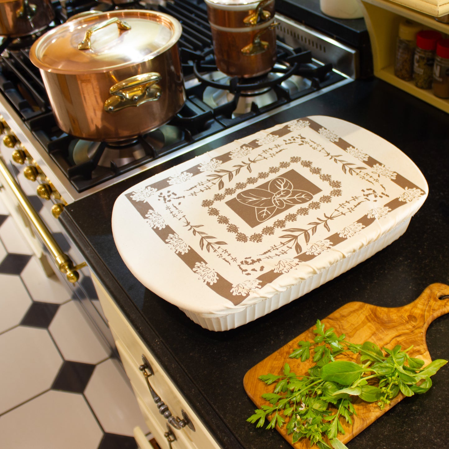 Rectangle Reusable Dish Cover | Herbs | Black Coffee